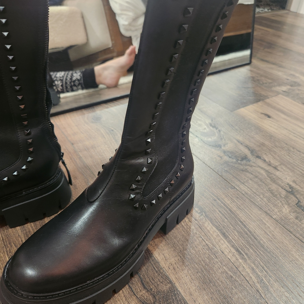 ASH Black Leather Stud Tall Chelsea Boots - Picture 6 of 8